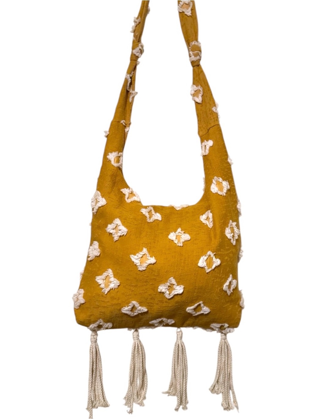 Boho Textured Tassel Shoulder Crossbody Bag - Mustard Yellow & Ivory